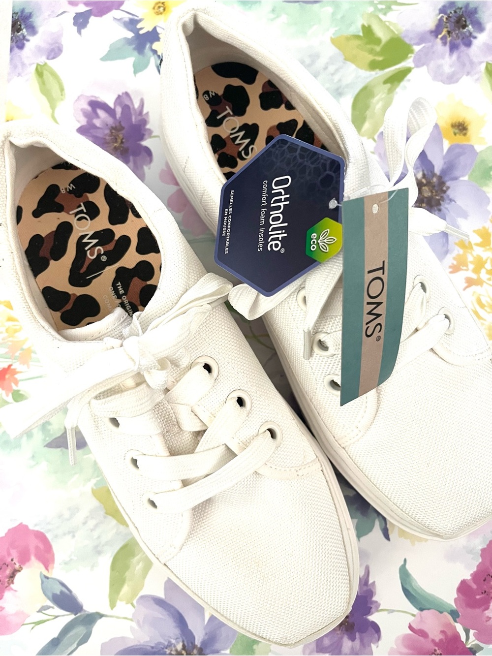 TOMS Women’s White Canvas Lace-Up Sneakers with Leopard Insole Accent